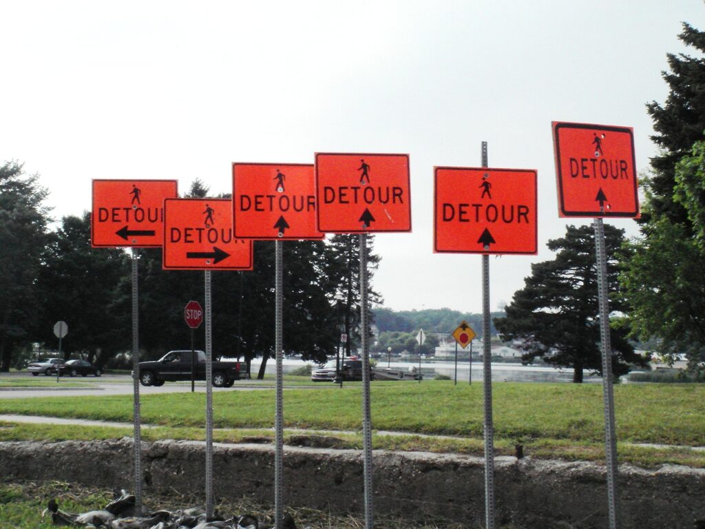 detour, confusion, sign, direction, conflict, chaos, orange, arrows, road sign, guidance, detour, detour, detour, detour, detour